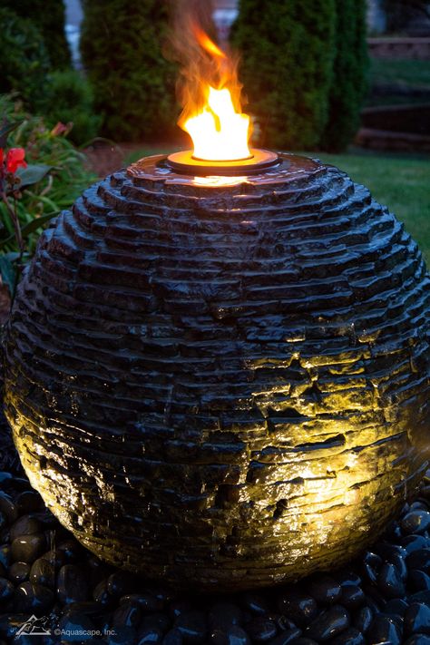 Fire Pit And Water Feature Ideas, Fire Fountain, Sphere Water Feature, Backyard Water Fountains, Landscaping With Fountains, Backyard Kids, Backyard Ponds, Yard Ideas Backyard, Backyard Kids Play Area