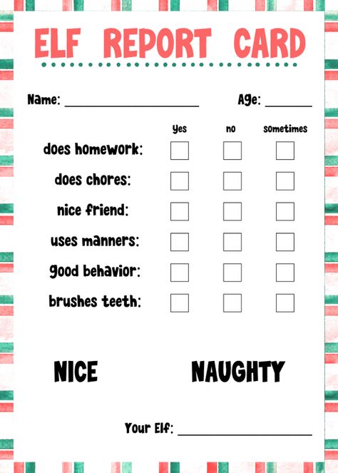 FREE Elf On The Shelf Report Card Printable Elf Nice List Free Printable, Elf Certificate Free Printable, Elf On The Shelf Report Card, Elf On The Shelf Report Card Printable, Elf Report Card Printable Free, Elf On Shelf Printables Free, Elf On The Shelf Goodbye Ideas, Elf On Shelf Printables, Kindness Elf