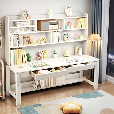 Elevate your child's study space with our sleek and functional study desk. Featuring ample storage options, a wide tabletop, and a modern finish, this desk is not only practical but also a stylish addition to any room. Keep your child focused and organized with our durable study desk! Hokku Designs Colour: White | Hokku Designs Rectangle Credenza Writing Desk Computer Table Study Office Desk Solid Wood White/Brown | C111292906_1136503839 | Wayfair Canada Desk With Display Shelves, Kids Art Room Organization, Study Table For 2 Kids, Desk And Bookshelves In Bedroom, Desk With Shelves Above, Library Room Cozy, Cozy Library Room, Kids Desk Ideas, Home Library Room