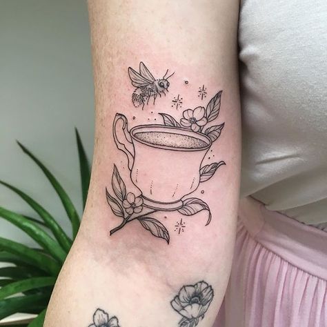 Cup Of Tea Tattoo, Olivia Harrison, Tea Tattoo, Teacup Tattoo, Bookish Tattoos, Cup Tattoo, Spirit Tattoo, Lavender Tattoo, Party Tattoos