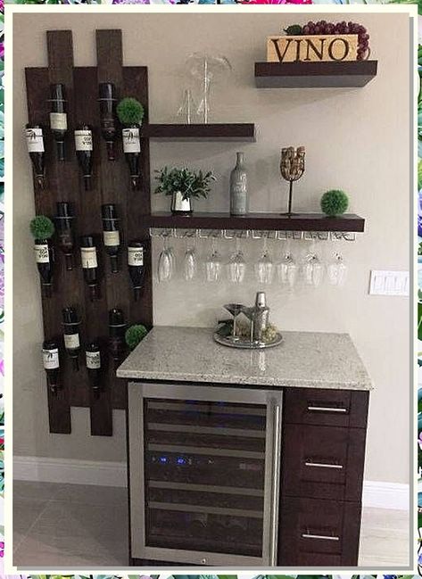 Apartment home bar perfect for entertaining friends and family. Enjoy a cold drink after a long day at work, or relax and watch your favorite show after a busy day at the office. Aesthetic Coffee Bar, Wine And Coffee Bar, Wine Rack Design, Wood Wine Rack, Hanging Wine Rack, Bar Mini, Bar In Casa, Diy Home Bar, Coffee Bar Home