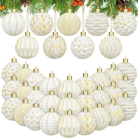 Amazon.com: Liliful 36 Pcs Farmhouse Ball Ornaments Set Distressed Christmas Tree Ornaments Vintage Style Christmas Balls Retro Christmas Ornaments for Holiday Party Decor (White and Gold) : Home & Kitchen White And Gold Christmas Tree Decor, White Ornaments Christmas Tree, Retro Christmas Ornaments, Gold And White Christmas Tree, Vintage Christmas Balls, Ornaments For Christmas Tree, Holiday Party Decor, Farmhouse Ornaments, Ornaments For Christmas