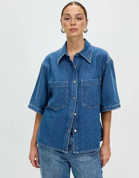 Short-Sleeve Denim Shirt | THE ICONIC (AU & NZ) Denim Blue Short Sleeve Shirt With Relaxed Fit, Dark Wash Short Sleeve Denim Shirt, Denim Blue Cotton Short Sleeve Shirt, Denim T-shirt With Relaxed Fit And Short Sleeves, Cheap Denim Short Sleeve T-shirt, Checkered Trousers, Short Sleeve Denim Shirt, Short Sleeve Denim, Singlet Tops