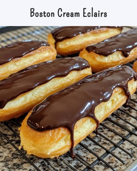 Boston Cream Eclairs Creamy, chocolatey perfection! These eclairs have the ideal balance of flavors and textures in every bite. Ingredients: 1 cup water 1/2 cup unsalted butter 1 cup all-purpose flour 4 large eggs 1/4 tsp salt 2 cups vanilla pastry cream (store-bought or homemade) 1 cup heavy cream 8 oz semisweet chocolate, chopped 2 tbsp butter Directions: Preheat oven to 400°F (200°C). Line a baking sheet with parchment paper. In a saucepan, heat water and butter until boiling. Remove ... Eclair Cream, Vanilla Pastry Cream, Boston Cream, Pastry Cream, Eclairs, Semisweet Chocolate, Parchment Paper, Baking Sheet, Heavy Cream