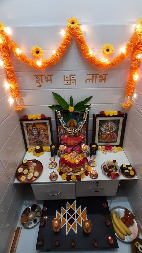 Navratri Puja Decoration At Home, Navratri Pooja Decoration At Home, Pooja Room Ideas Indian, Navratri Pooja, Puja Decoration, Puja Decor, Mandir Decoration, Indian Room Decor, Janmashtami Decoration