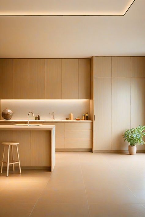 Cream white walls + warm wood veneer, light and gentle ~ visually showing a clean atmosphere! No built-in main light, soft light warms the whole house Muji Style Interior Kitchen, Muji Style Kitchen, Interior Wood Design, Muji House Design, Muji Style Interior, Light Wood Interior, Muji Interior Design, Cream And White Kitchen, Muji Interior