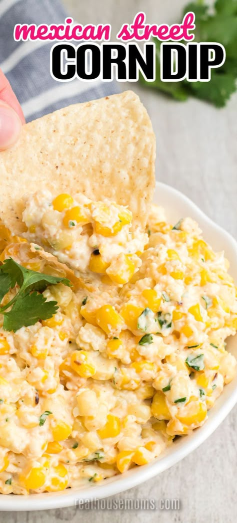 Creamy, crunchy Mexican Street Corn Dip is full of flavor and is the perfect dip to munch on at backyard barbecues and summer get-togethers! #RealHousemoms #streetcorn #mexicanstreetcorn #corndip #diprecipe #appetizer #gamedip #cincodemayo #corn Grilled Corn Dip, Mexican Corn Dip, Street Corn Dip, Mexican Street Corn Dip, Corn Dip Recipes, Mexican Dips, Mexican Corn, Corn Dip, Delicious Appetizer Recipes