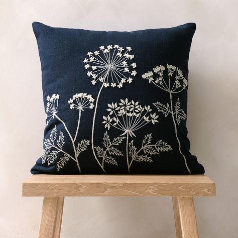 Bring the outside in with our beautifully embroidered wildflower cushion. A soft colour palette synonymous with cottage gardens, it will add texture and interest to your space. Pair with cushions in complementary shades. Hand Embroidered Cushions, Cushion Embroidery, Simple Hand Embroidery Patterns, Soft Colour, Bantal Sofa, Cottage Gardens, Soft Furnishings Cushions, Embroidered Cushions, Hand Embroidery Art