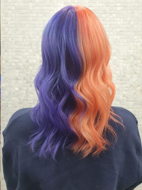 Image shared by beautymakeup. Find images and videos on We Heart It - the app to get lost in what you love. Purple Orange Hair Ombre, Half Orange Half Purple Hair, Purple And Orange Hair Split, Purple Orange Hair, Mermaid Balayage, Orange Purple Hair, Orange And Purple Hair, Purple And Orange Hair, Biolage Hair