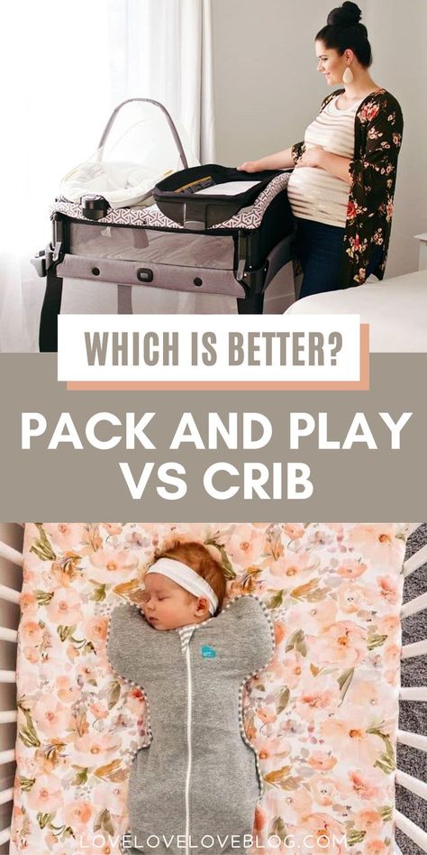 Pinterest graphic with text and an image collage with a pack and play and a baby in a crib. Best Pack And Play, Pack And Play, Baby Care Tips, Which Is Better, First Time Moms, Safety Tips, Having A Baby, New Parents, Baby Sleep