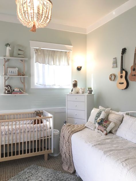 Baby boy music theme nursery. Oeuf crib, Sherwin Williams sea salt, musical instrument gallery wall. Music Themed Nursery, Nursery Guest Room Combo, Guest Room Combo, Sherwin Williams Sea Salt, Music Themed Rooms, Music Nursery, Boy Room Paint, Nursery Guest Room, Nursery Room Furniture