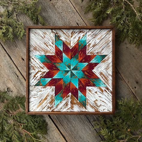 Perfectly rustic and distressed creating a weathered time worn look.  The burnt orange and bright turquoise colors combine to create an eye-catching wall art piece for your home.  Handcrafted by Crow Bar D'signs.  Made with Love.  Wood Star Quilt Block Design, Wood Mosaics. Wood Quilt Block, Wooden Quilt, Wood Quilt, Painted Barn Quilts, School Auction, Barn Quilt Designs, Wooden Barn, Wood Wall Art Diy, Wooden Wall Hanging