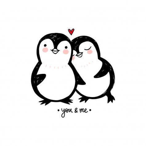 Penguin couple love illustration. doodle... | Premium Vector #Freepik #vector #baby #love #hand #character Penguin Love Couple, Penguin Couple Painting, Love Vector Illustration, Doodle Art Love Couple, Cute Paintings For Couples, Penguin Couple Drawing, Cute Couple Illustration Art, Valentine Illustration Cute, Penguin Tattoo Couple