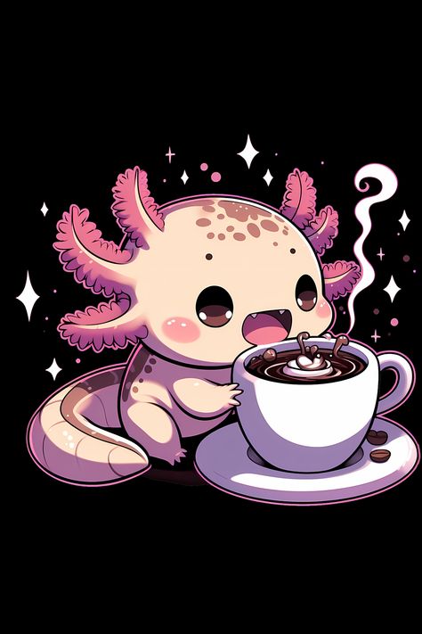 Kawaii Axolotl With Coffee T-Shirt Axolotl Sketch, Axolotl Pfp, Axolotl Art, Axolotl Phone Wallpaper, Axolotl Illustration, Kawaii Axolotl Drawing, Kawaii Possum, Animated Axolotl, Axolotl Art Illustrations