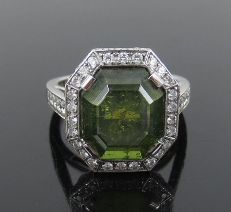 Estate 9.50ct Natural Untreated Demantoid Garnet 0.65ct Diamond Platinum Ring – Gorgeous Gems and Jewelry Garnet And Diamond Ring, Demantoid Garnet, Platinum Diamond Rings, Green Garnet, Garnet Jewelry, Platinum Ring, Fine Rings, High Jewelry, Cocktail Rings