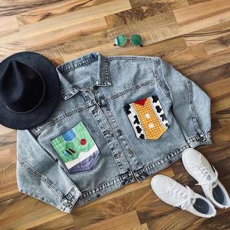 Denim Jacket Pocket, Jean Jacket Art, Buzz And Jessie, Disney Denim Jacket, Jeans Painting, Crazy Pants, Custom Jean Jacket, Upcycled Denim Jacket, Painted Shorts