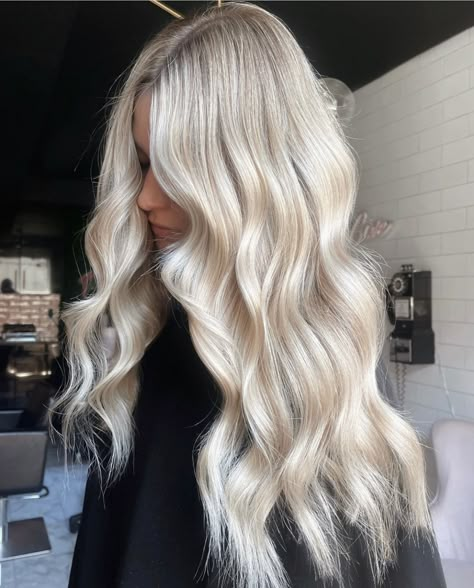 Full Highlight Platinum Blonde, Blonde Hair W Extensions, Creme Blonde Hair, Bright Creamy Blonde Hair, Blonde Full Foil, Full Head Of Blonde Highlights, Bright Dimensional Blonde, Long Barrel Curling Iron, Cream Blonde Hair