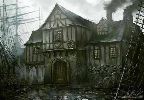 Daggerford abandoned building Terra Santa, Monkey Island, Fantasy City, Fantasy Setting, Fantasy Places, Medieval Town, Warhammer Fantasy, Fantasy Rpg, Fantasy Inspiration