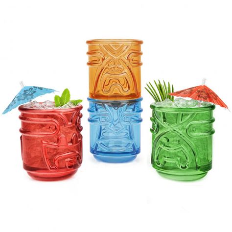 Set of 4 stackable bar tumbler Tiki glasses. Adds a lot of colour and fun to your cocktail servings. Made of molded glass, these stylish tiki glasses are differently designed to resemble 4 of the great Polynesian deities ( Gods ). They stack cleverly together for compact totem pole storage. Tiki Glasses, Tropical Cocktails, Tiki Bar Decor, Tiki Drinks, Drinkware Sets, Cocktail Glassware, Tropical Drink, Tiny Prints, Totem Pole