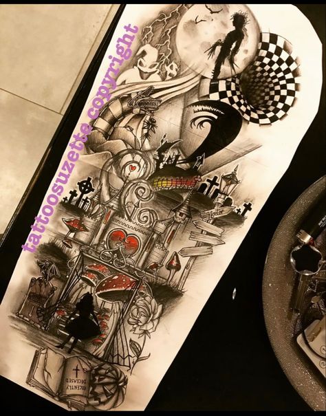 Tim Burton Sleeve Tattoo, Tim Burton Sleeve, Tim Burton Tattoo, Alice And Wonderland Tattoos, Disney Sleeve, Tato Henna, Tim Burton Art, Wonderland Tattoo, Disney Tattoo