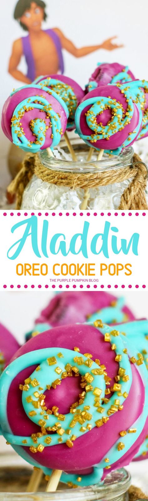 These Aladdin Oreo Cookie Pops are easy and fun to make, and look awesome! They're perfect for a sweet treat for a family movie night when watching Disney's Aladdin, or for serving at an Aladdin themed party! #AladdinOreoCookiePops #Oreos #CookiePops #Aladdin #DisneySnacks #ThePurplePumpkinBlog #PartyFood Oreo Ideas, Oreo Cookie Pops, Lavender Candy, Aladdin Party, Disney Cookies, Purple Pumpkin, Oreo Recipes, Disney Snacks, Marshmallow Pops