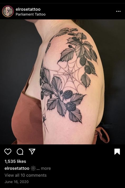 Best Feminine Tattoos, Blackberry Tattoo, Tattoo Spider, Spider Tattoos, Feminine Shoulder Tattoos, Shoulder Cap Tattoo, Flor Tattoo, Pumpkin Tattoo, Garden Tattoos