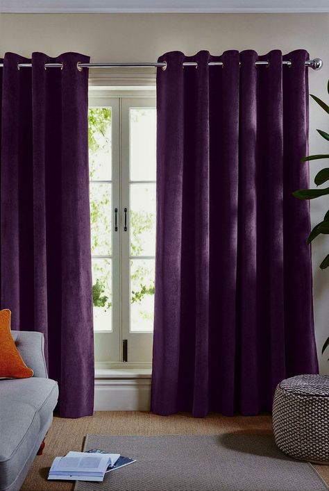 Dark Purple Curtains, Purple Curtains Living Room, Purple Velvet Curtains, Dark Purple Living Room, Deep Purple Bedroom, Purple Curtains Bedroom, Dark Purple Room, Purple Window Curtains, Dining Room Drapes