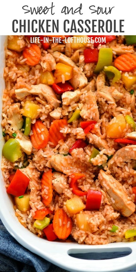 Sweet and Sour Chicken Casserole is filled with chicken, rice and veggies all coated in sweet and sour sauce. This casserole is so delicious and will be a hit at dinner time! Chicken Rice And Veggies, Chicken And Vegetable Casserole, Rice And Veggies, Easy Chicken Casserole Recipes, Chicken Rice Bowls, Sweet And Sour Chicken, Sweet Sour Chicken, Sweet N Sour Chicken, Vegetable Casserole