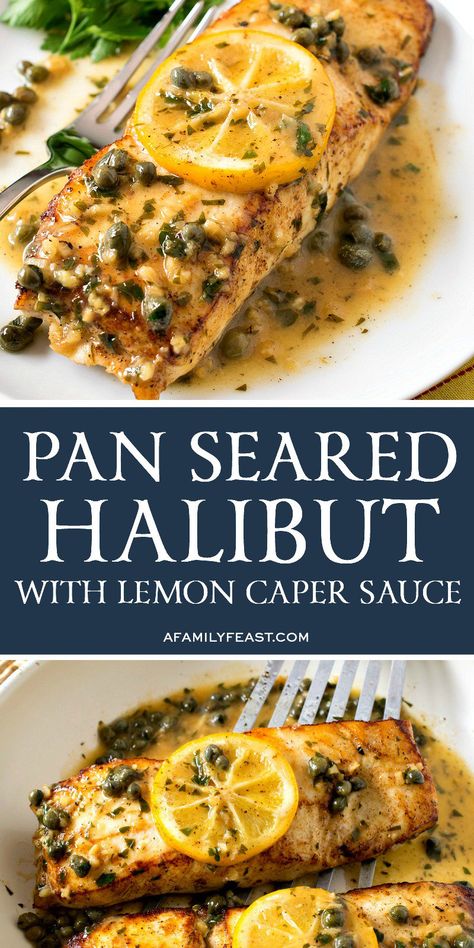 Make this restaurant-quality Pan Seared Halibut with Lemon Caper Sauce for a special occasion at home. Tender white fish smothered in a buttery lemon caper sauce! Fish Recipes Pan Seared, Pan Seared Halibut, Seared Halibut, Best Fish Recipes, Lemon Caper Sauce, Caper Sauce, Fish Recipes Baked, Halibut Recipes, Cooking Fish