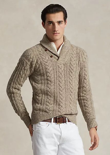 Cable-Knit Shawl-Collar Sweater Mens Shawl Collar Sweater, Southwest Pattern, Classic Elegant Style, Collar Jumper, Maternity Activewear, Shawl Collar Sweater, The Good Doctor, Mens Fashion Wear, Knit Shawl