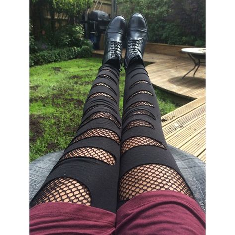 DIY Fishnet tights, underneath ripped black leggings Punk rocker emo... ❤ liked on Polyvore featuring intimates, hosiery, tights, accessories, pictures, ripped tights, gothic stockings, black hosiery, ripped stockings and disney Torn Leggings, Black Ripped Leggings, Indie Outfits Grunge, Punk Rock Hair, Diy Ripped Jeans, Battle Vest, Rock Hairstyles, Distressed Pants, Punk Pants