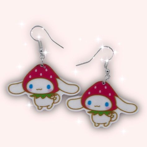 Cinnamoroll Strawberry, Sanrio Earrings, Hat Charms, Strawberry Hat, Shrinky Dink Earrings, Cottagecore Earrings, Strawberry Earrings, Earrings Kawaii, Homemade Earrings