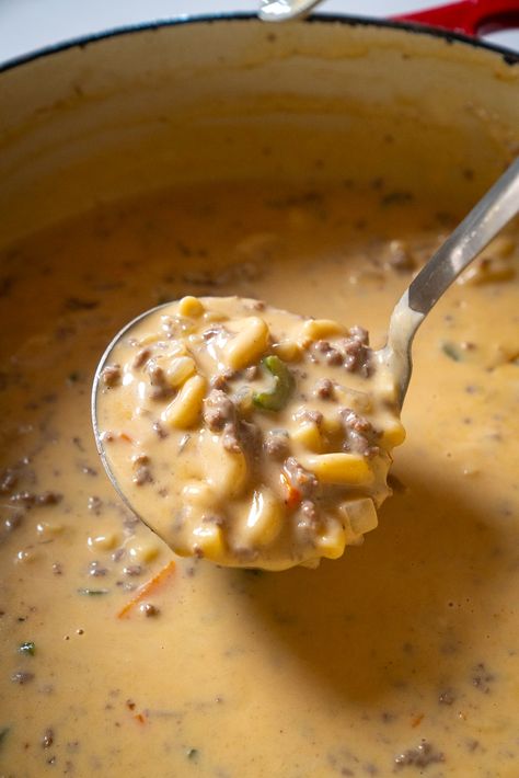 Cheeseburger Macaroni Soup | 12 Tomatoes One Pot Cheeseburger Macaroni Soup No Velveeta, Cheesy Brat Stew, Cheeseburger Soup Macaroni, Mac Cheese Soup, Hamburger Macaroni Soup Recipe, Cheeseburger Soup With Pasta, Cozy Comfort Food Recipes, Macaroni Cheese Burger Soup, Mac And Cheeseburger Soup