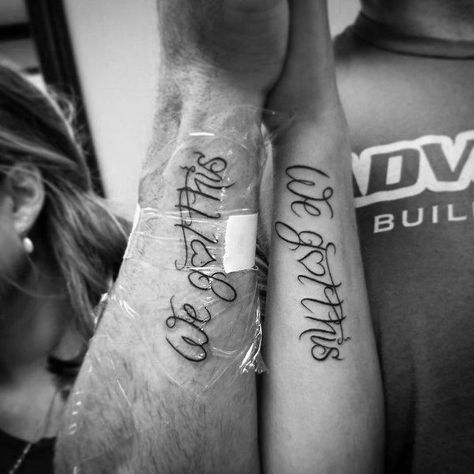 Connecting Tattoos For Couples We Got This Quote Connecting Tattoos, Couple Tattoos Unique Meaningful, Husband Tattoo, Wife Tattoo, Best Couple Tattoos, Cute Matching Tattoos, Cute Couple Tattoos, Couple Tattoos Unique, Couples Tattoo Designs