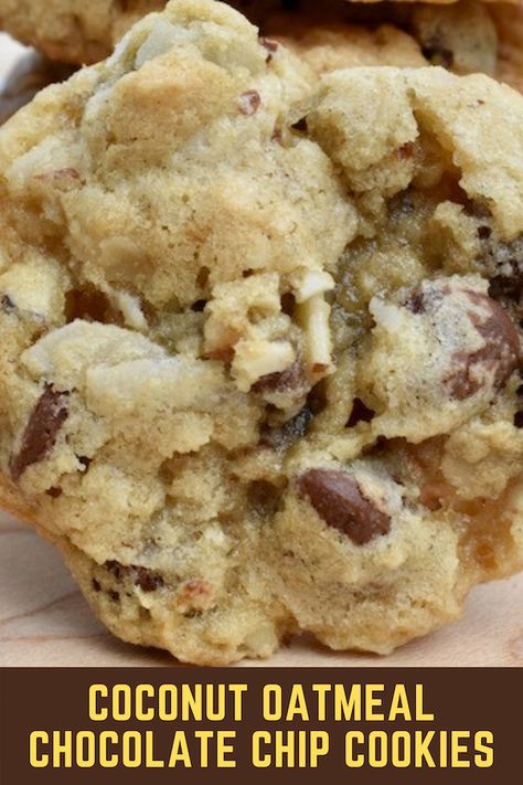 Chocolate Chip Coconut Cookies Recipes, Coconut Chocolate Chip Bars, Carmel Chocolate Chip Cookies, Oatmeal Coconut Chocolate Chip Cookies, Chocolate Chip Deserts, Oatmeal Desserts, Jane Patisserie, Chocolate Chip Coconut Cookies, Coconut Flour Chocolate Chip Cookies