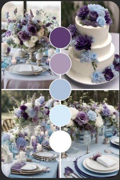 Purple And Blue Reception Ideas, Purple And Sky Blue Wedding, Pastel Blue And Purple Wedding Theme, Navy And Purple Wedding Colors, Lilac Plum And Dusty Blue Wedding, Dark Purple And Light Blue Wedding, Purple Blue And White Wedding, Blue And Purple Themed Wedding, Lilac And Baby Blue Wedding