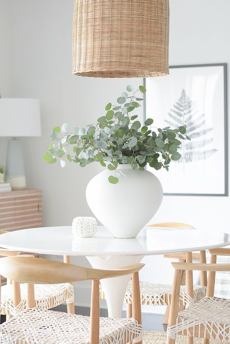 Casual, Chic Dining Room Reveal Dining Table Centerpiece Plant, Small Neutral Dining Room, Eucalyptus Centerpiece Dining Room, How To Style Dining Room Table, White Vases Decor Ideas, White Dining Table Decor, Dining Room Centerpiece Ideas, Eucalyptus Bundle, Large White Vase