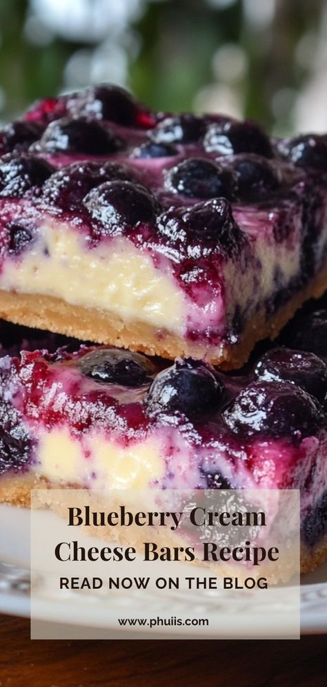 Indulge in the delightful combination of creamy, tangy cream cheese and sweet, juicy blueberries with these Blueberry Cream Cheese Bars. This recipe is a perfect dessert for any occasion, offering a refreshing taste that is sure to please everyone at your table. With a buttery graham cracker crust, a rich cream cheese filling, and a luscious blueberry topping, these bars are not only visually appealing but also incredibly satisfying. Blueberry Cream Cheese Dessert, Blueberry Cream Cheese Bars, Deserts With Cream Cheese, Frozen Blueberry Recipes, Blueberry Recipes Easy, Cheese Bars Recipe, Blueberry Dessert Recipes, Easy Blueberry Desserts, Cream Cheese Bars Recipe