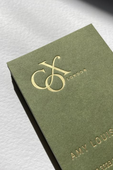 Satin gold foil stamped business cards, using a wild green card. Green Gold Packaging, Luxury Green Packaging, Olive Green Packaging Design, Olive Green Branding, Green Gold Branding, Green And Gold Branding, Debossed Business Card, Gold Foil Packaging, Gold Stationery