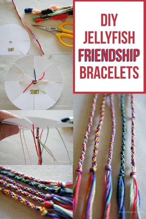 Jellyfish Friendship Bracelets use a wheel to create a round woven bracelet. They are so fun and so easy to make! You won't stop at one. #friendshipbracelets #jellyfishbracelets Adding Beads To Friendship Bracelets, Best String For Bracelet Making, Tying Off A Bracelet, Paper Plate Friendship Bracelet, How To Close A Friendship Bracelet, Making Bracelets With Friends, Loopdedoo Bracelets Diy, Woven Bracelets Tutorial, Friendship Anklets Diy