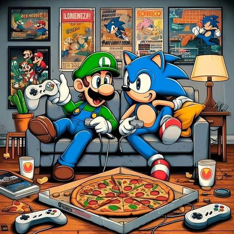 Mario Vs Sonic, Mario And Sonic, Mario Fan Art, Marvel Superheroes Art, Retro Gaming Art, Video Game Fan Art, Super Mario Art, Family Cartoon, Super Mario Brothers