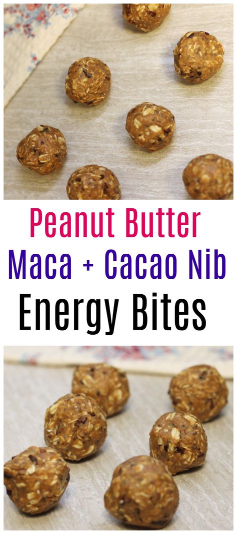 Peanut Butter, Maca + Cacao Nib Energy Bites - A Cup of Catherine Cacao Nibs Recipes, Maca Recipes, Protein Energy Bites, Cacao Recipes, Organic Granola, Granola Bites, Chia Recipe, Energy Ball Recipe, Filling Snacks