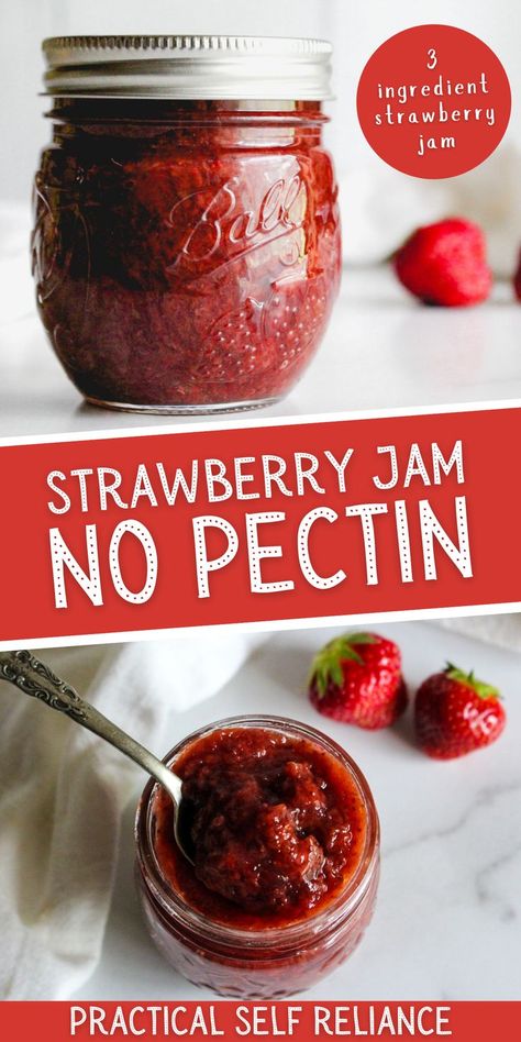 old fashioned strawberry jam no pectin in a jar Strawberry Preserves Recipe Canning, How To Make Strawberry Jam Easy, Strawberry Preserves Canning, No Pectin Jam, Strawberry Jam Recipe Canning, Strawberry Jam Recipe Canning No Pectin, Strawberry Preserves Recipe, Preserving Strawberries, Canning Strawberry Jam