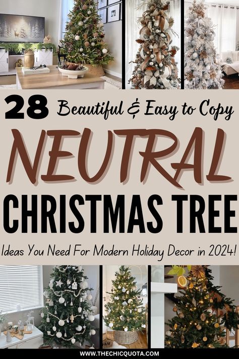 28 Neutral Christmas Tree Ideas For Cozy Holiday Decor - The Chic Quota Farmhouse Christmas Tree Simple, Silver And Burlap Christmas Tree, Modern Farmhouse Pencil Christmas Tree, Neutral Minimalist Christmas Tree, Wood Themed Christmas Tree, Natural Theme Christmas Trees, Traditional Rustic Christmas Tree, Christmas Tree Inspiration Neutral, Neutral Velvet Christmas Tree