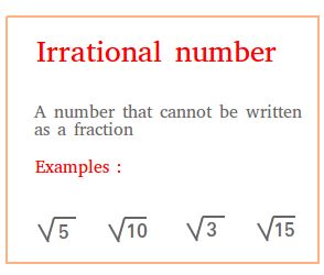 Irrational numbers are real numbers that cannot be expressed as a ratio of Integers.   They cannot be expressed as fractions.  This set includes the non-repeating, non-terminating decimals.  For the examples to the right, If you plug those into a calculator, you will notice that the decimal equivalent does not terminate, and there is no pattern of repeated numbers. Rational Numbers Notes, Rational Numbers Anchor Chart, Teaching Rational Numbers, Rational And Irrational Numbers Anchor Chart, Rational Irrational Numbers, Math Examples, Maths Tricks, Writing Fractions, Math Tutoring