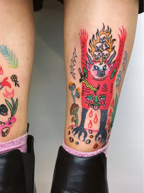 Doodle Tattoo Colorful, Leg Tattoo Colorful, Unique Tattoo Styles, Colorful Patchwork Tattoos, Crayon Tattoo Ideas, Color Patchwork Tattoo, Colored Tattoos For Men, Radical Tattoo, Maximalist Tattoo