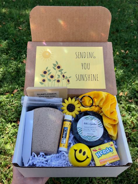 Sending you sunshine, sunflowers, hand scrub, chapstick, stress ball, keychain, scrunchie, nerds candy A Box Of Sunshine, Sunshine Gifts, Mammoth Sunflower, Sunshine Box, Missionary Care Packages, Box Of Sunshine, Homemade Tea, Garden Lover Gifts, Yellow Sunshine