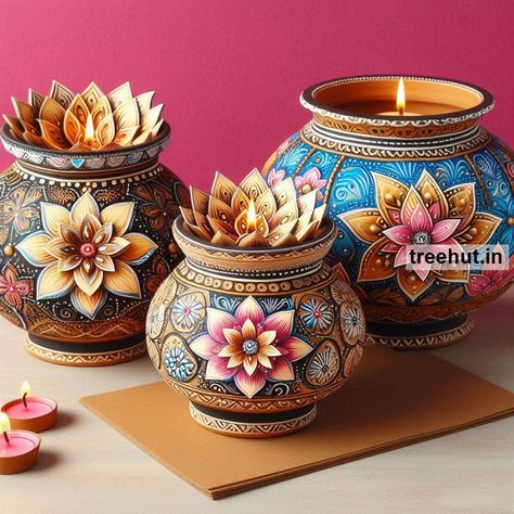 Child Art, Free Coloring Pages, Craft, Clipart, Art Ideas, Gardening at Treehut.in Urli Pot Painting Ideas, Diya Decoration Ideas Mouldit Clay, Pot Painting For Diwali, Clay Art For Diwali, Clay Diwali Decor, Diwali Craft Ideas, Craft Clipart, Kalamkari Fabric, Henna Cones