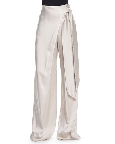 B31QE Maiyet Wide-Leg Wrapped Satin Pants, Beige Drapey Pants, Pants Satin, White Wide Leg Trousers, Snap Pants, White Wide Leg Pants, Trousers White, High Waisted Wide Leg Pants, Wrap Pants, Desi Fashion Casual