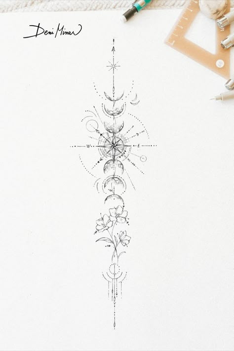 Back Travel Tattoo, Compass Tattoo On Back, Linear Arm Tattoos For Women, Cute Moon And Stars Tattoo, Spine Compass Tattoo Women, Spine Nature Tattoo, Pisces Tattoos Ideas, Compass And Moon Phases Tattoo, Spine Tattoos For Women Geometric